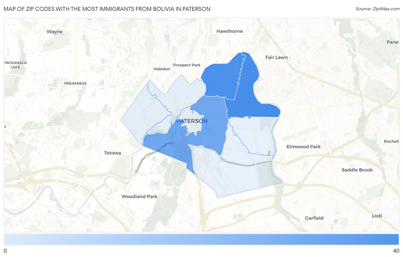 Zip Codes with the Most Immigrants from Bolivia in Paterson Map