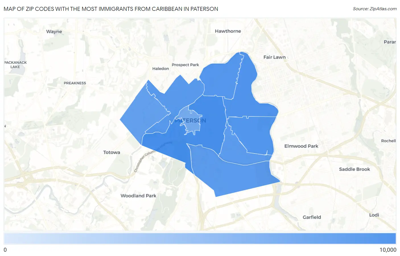 Zip Codes with the Most Immigrants from Caribbean in Paterson Map