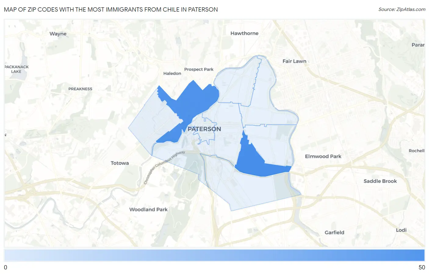Zip Codes with the Most Immigrants from Chile in Paterson Map