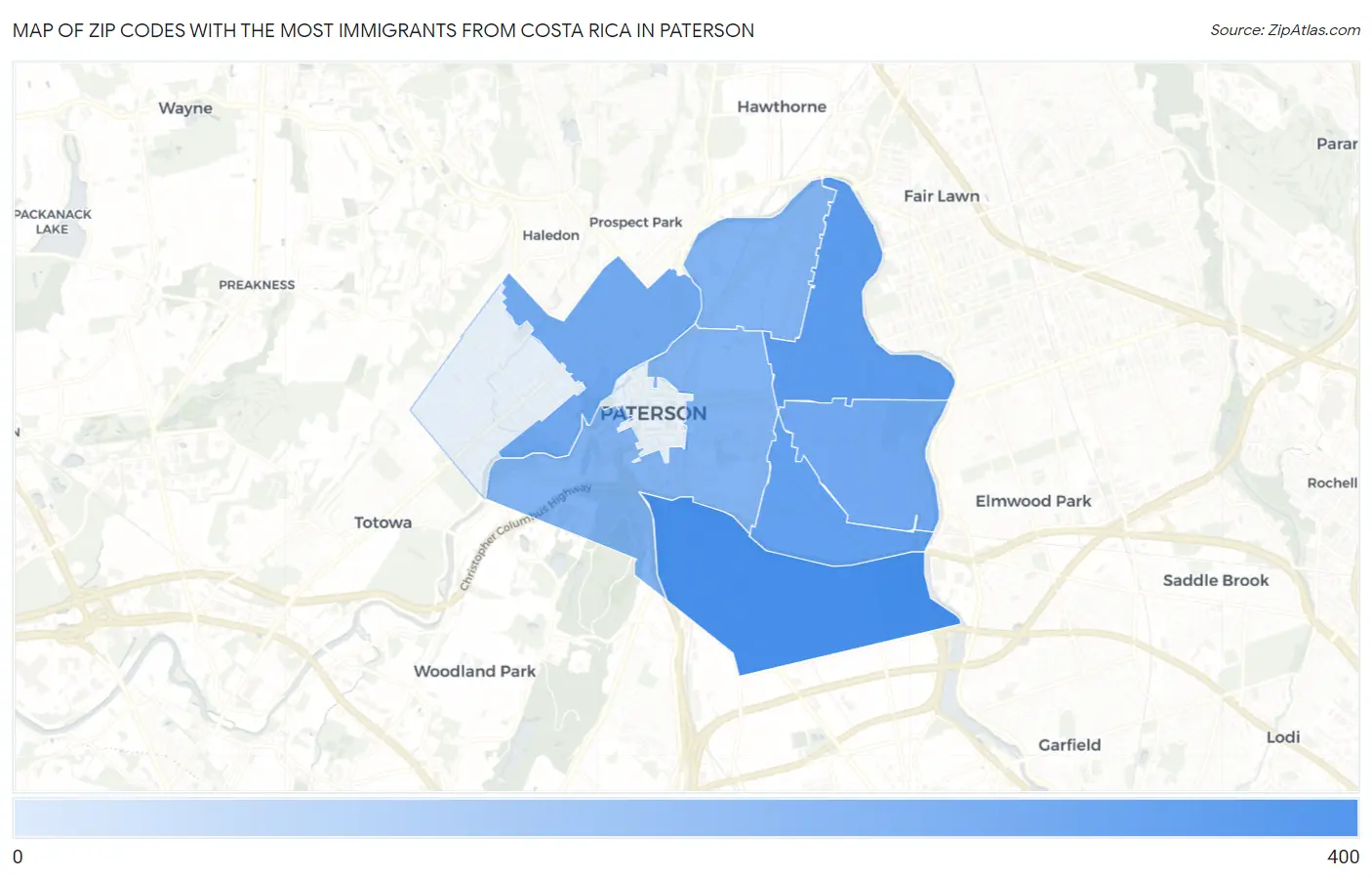 Zip Codes with the Most Immigrants from Costa Rica in Paterson Map