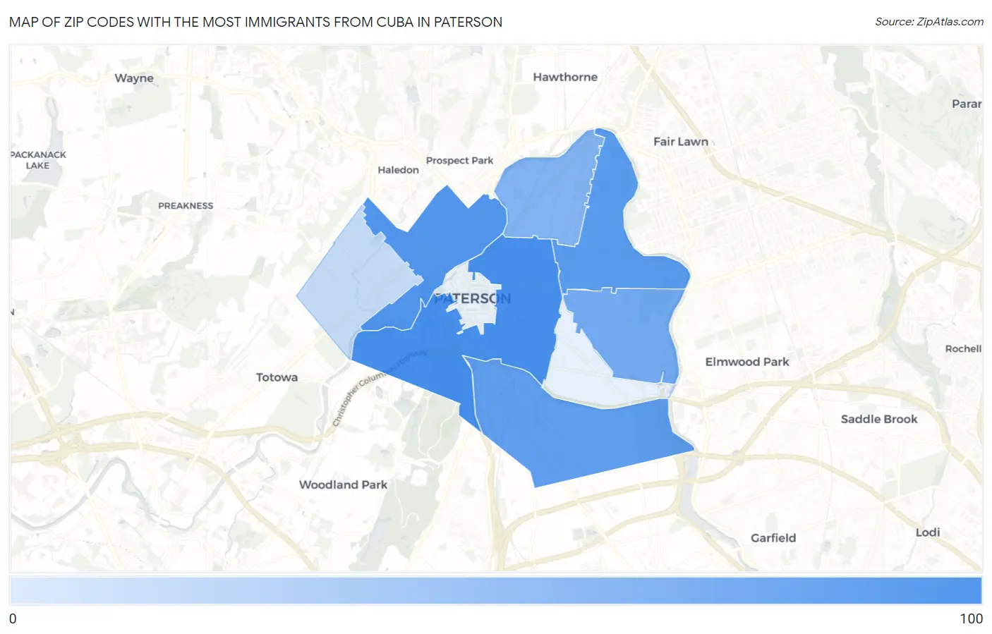 Zip Codes with the Most Immigrants from Cuba in Paterson Map