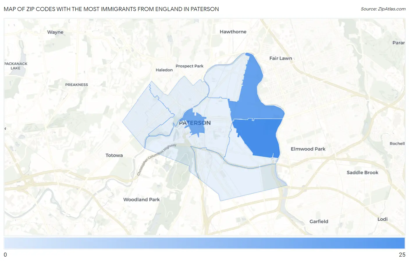 Zip Codes with the Most Immigrants from England in Paterson Map