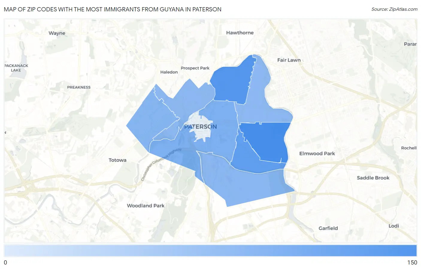 Zip Codes with the Most Immigrants from Guyana in Paterson Map
