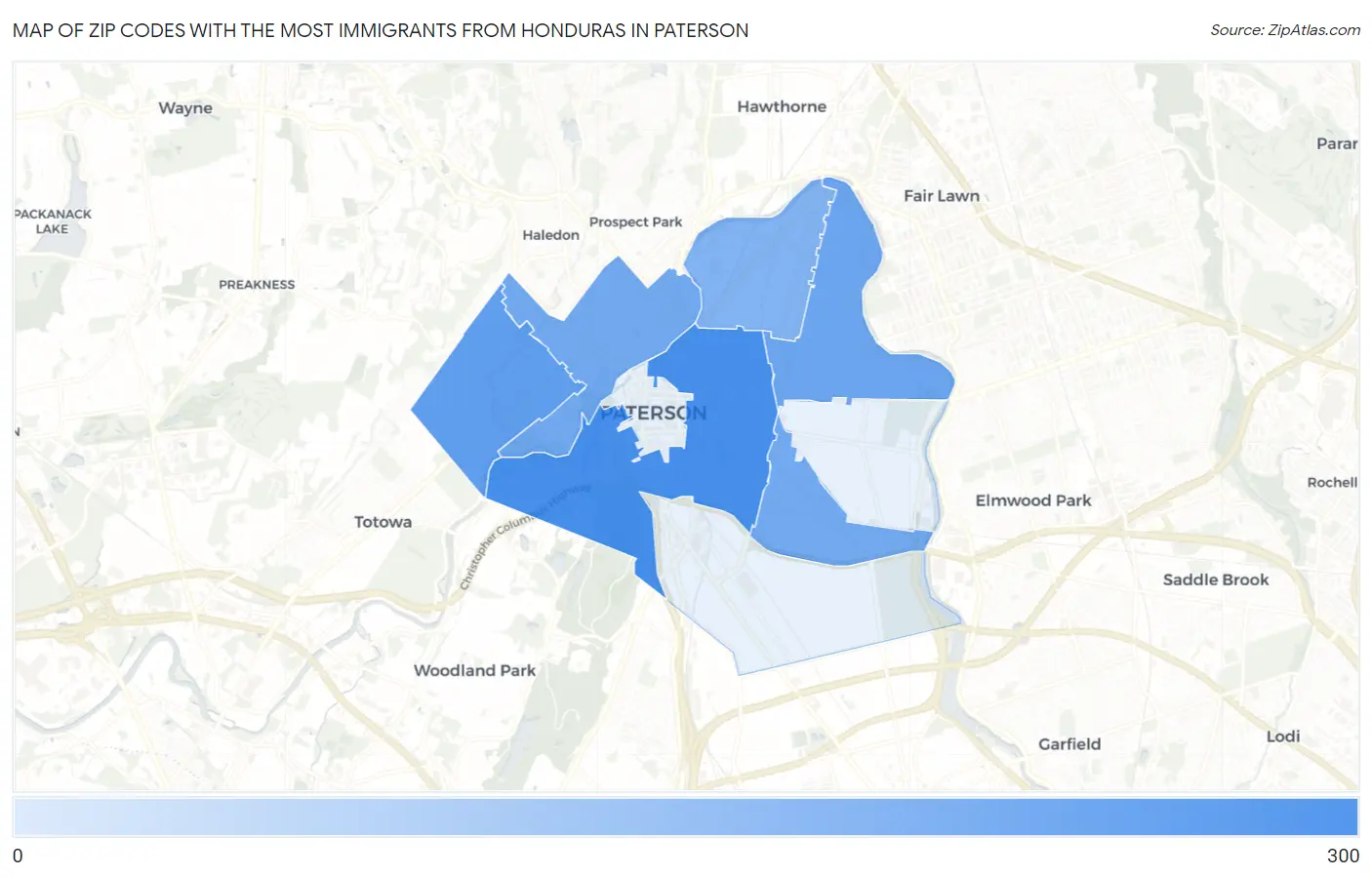 Zip Codes with the Most Immigrants from Honduras in Paterson Map