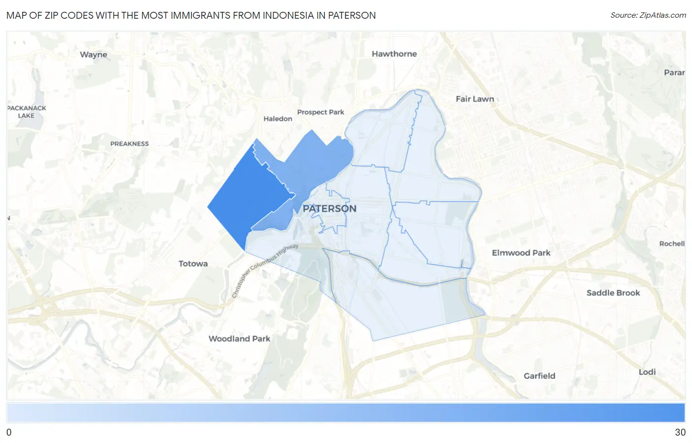 Zip Codes with the Most Immigrants from Indonesia in Paterson Map