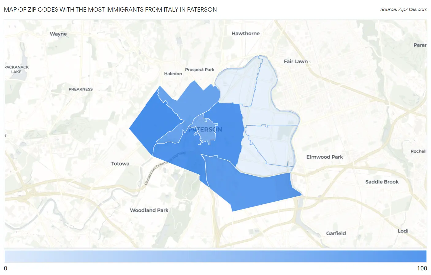 Zip Codes with the Most Immigrants from Italy in Paterson Map