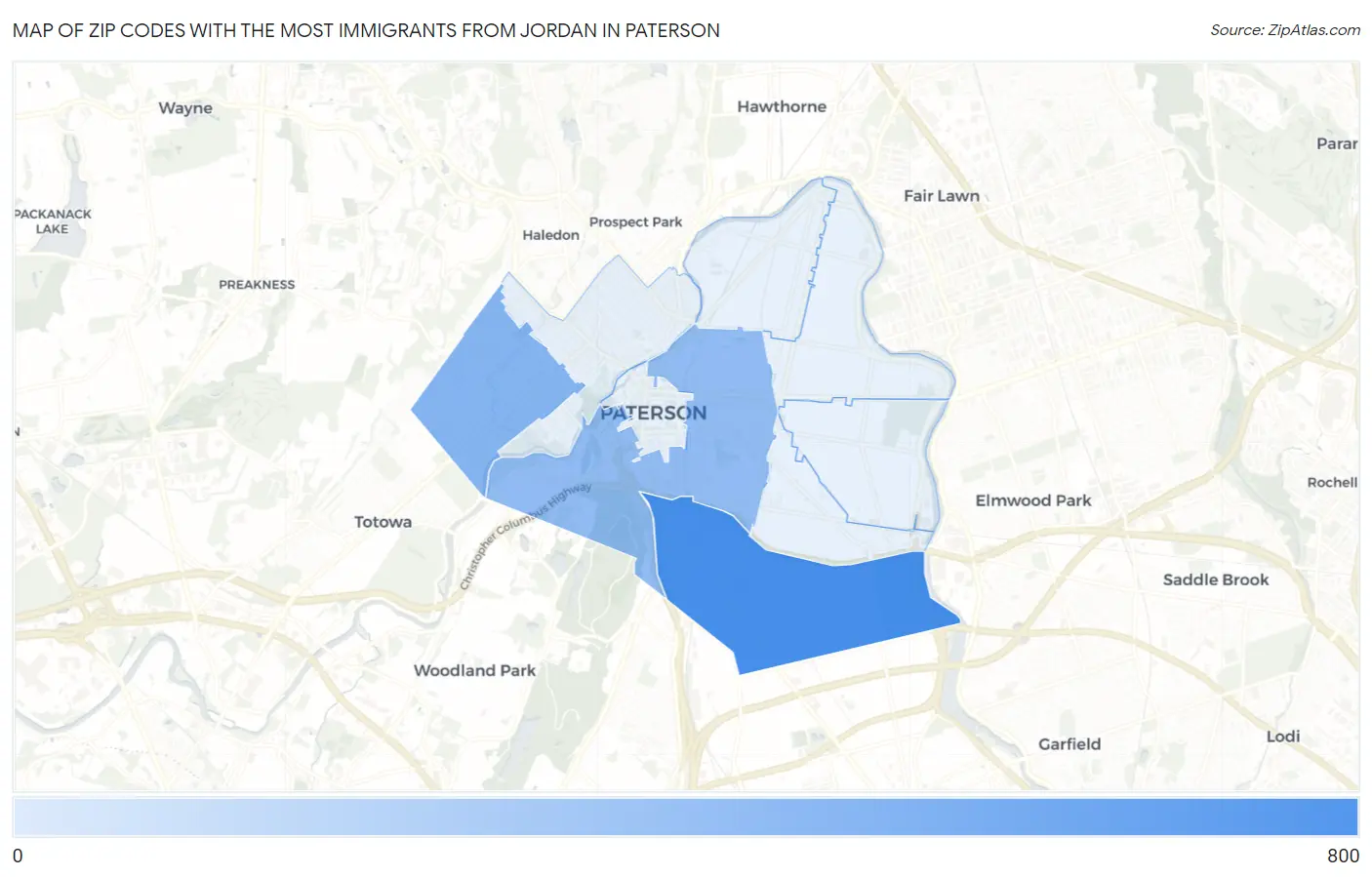 Zip Codes with the Most Immigrants from Jordan in Paterson Map