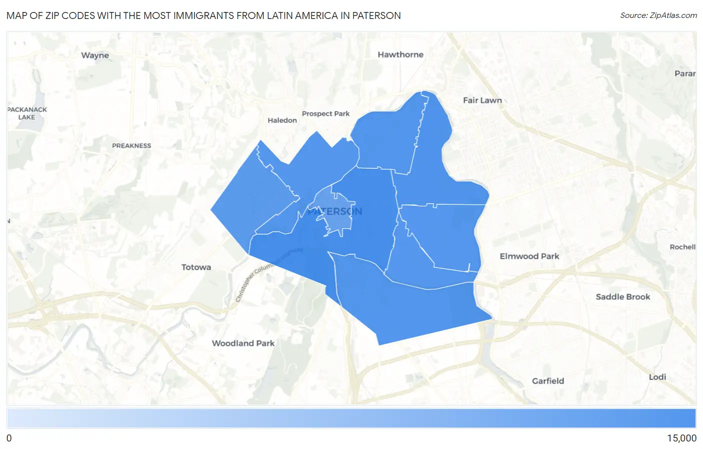 Zip Codes with the Most Immigrants from Latin America in Paterson Map