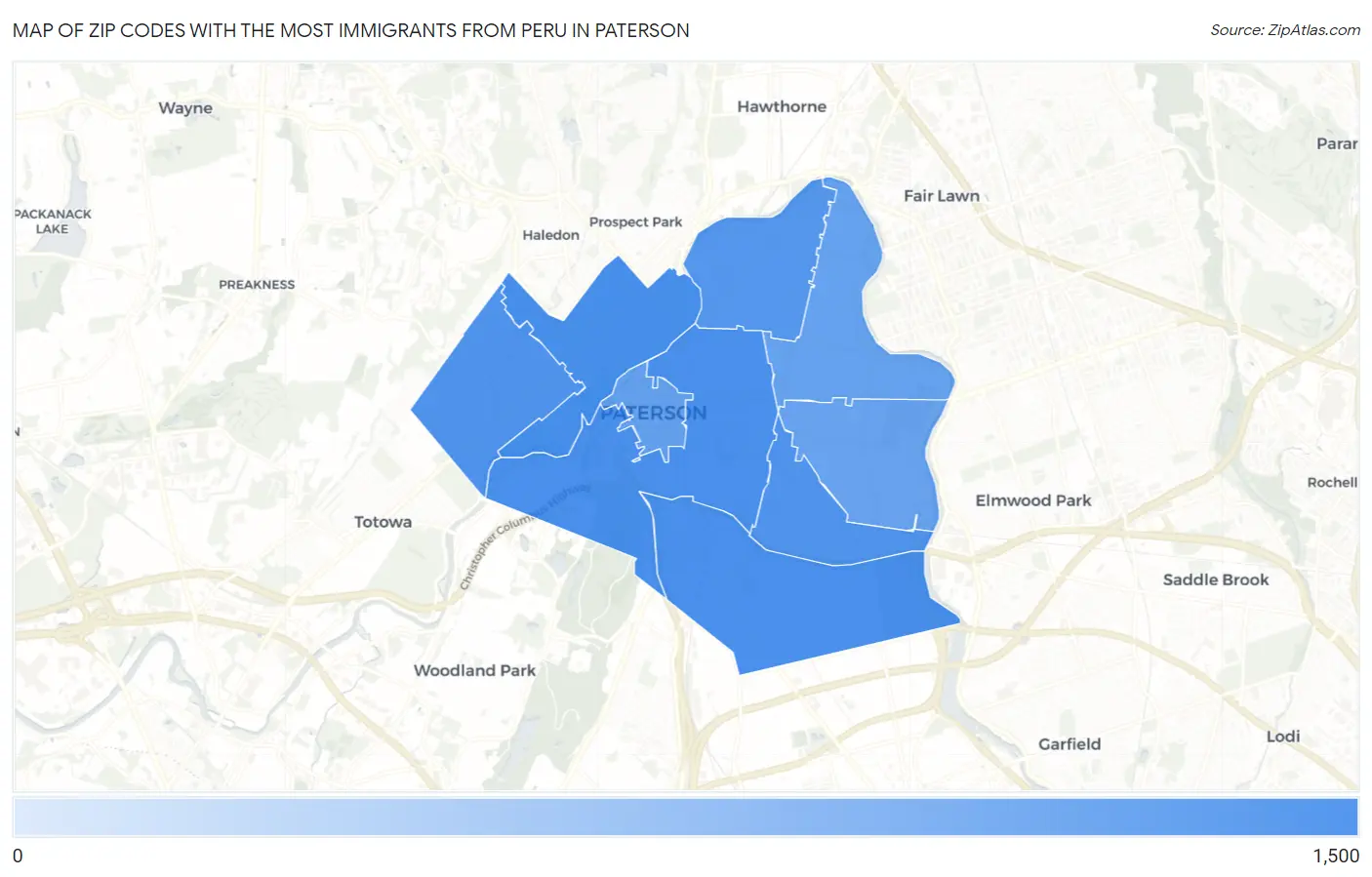 Zip Codes with the Most Immigrants from Peru in Paterson Map