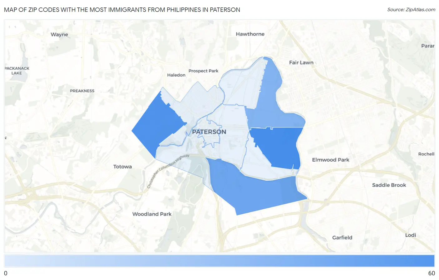 Zip Codes with the Most Immigrants from Philippines in Paterson Map