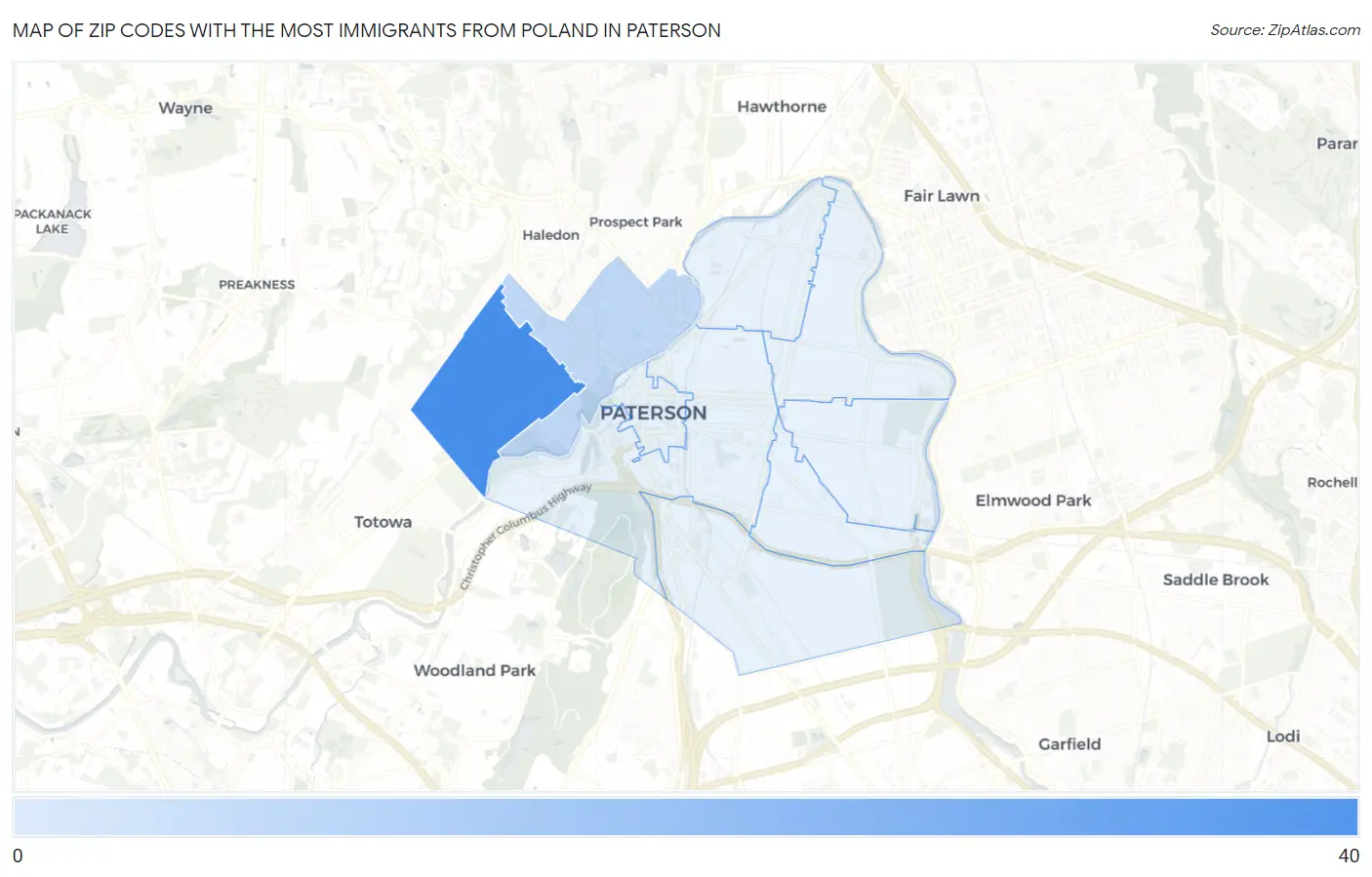 Zip Codes with the Most Immigrants from Poland in Paterson Map