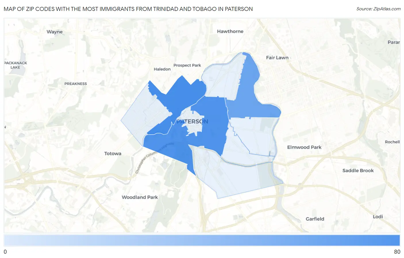 Zip Codes with the Most Immigrants from Trinidad and Tobago in Paterson Map