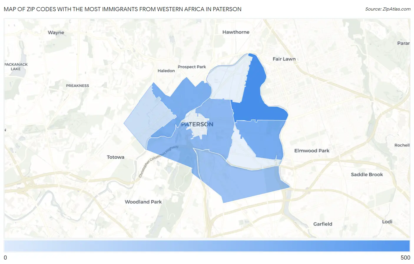 Zip Codes with the Most Immigrants from Western Africa in Paterson Map