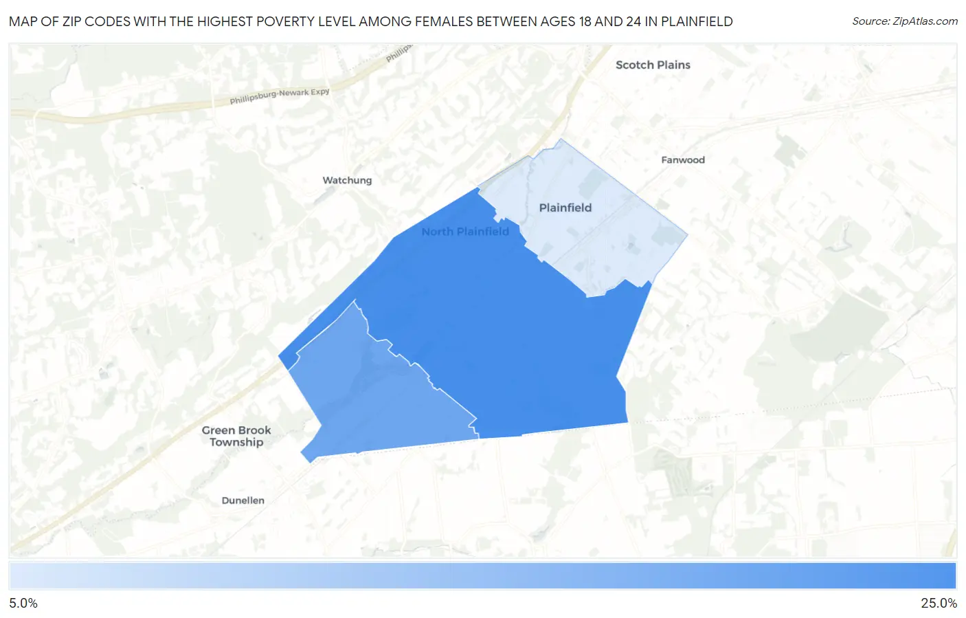 Zip Codes with the Highest Poverty Level Among Females Between Ages 18 and 24 in Plainfield Map