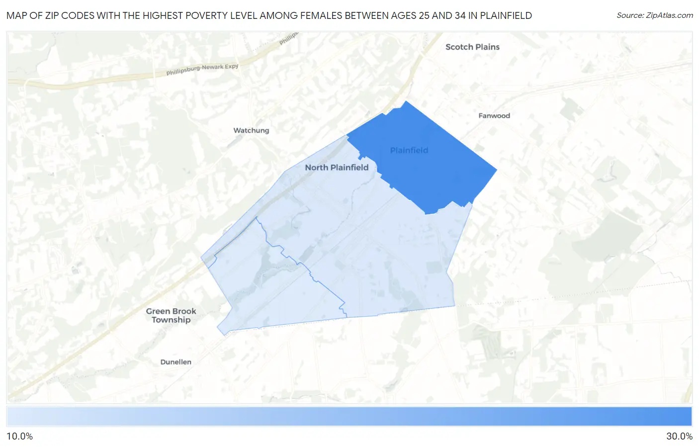 Zip Codes with the Highest Poverty Level Among Females Between Ages 25 and 34 in Plainfield Map