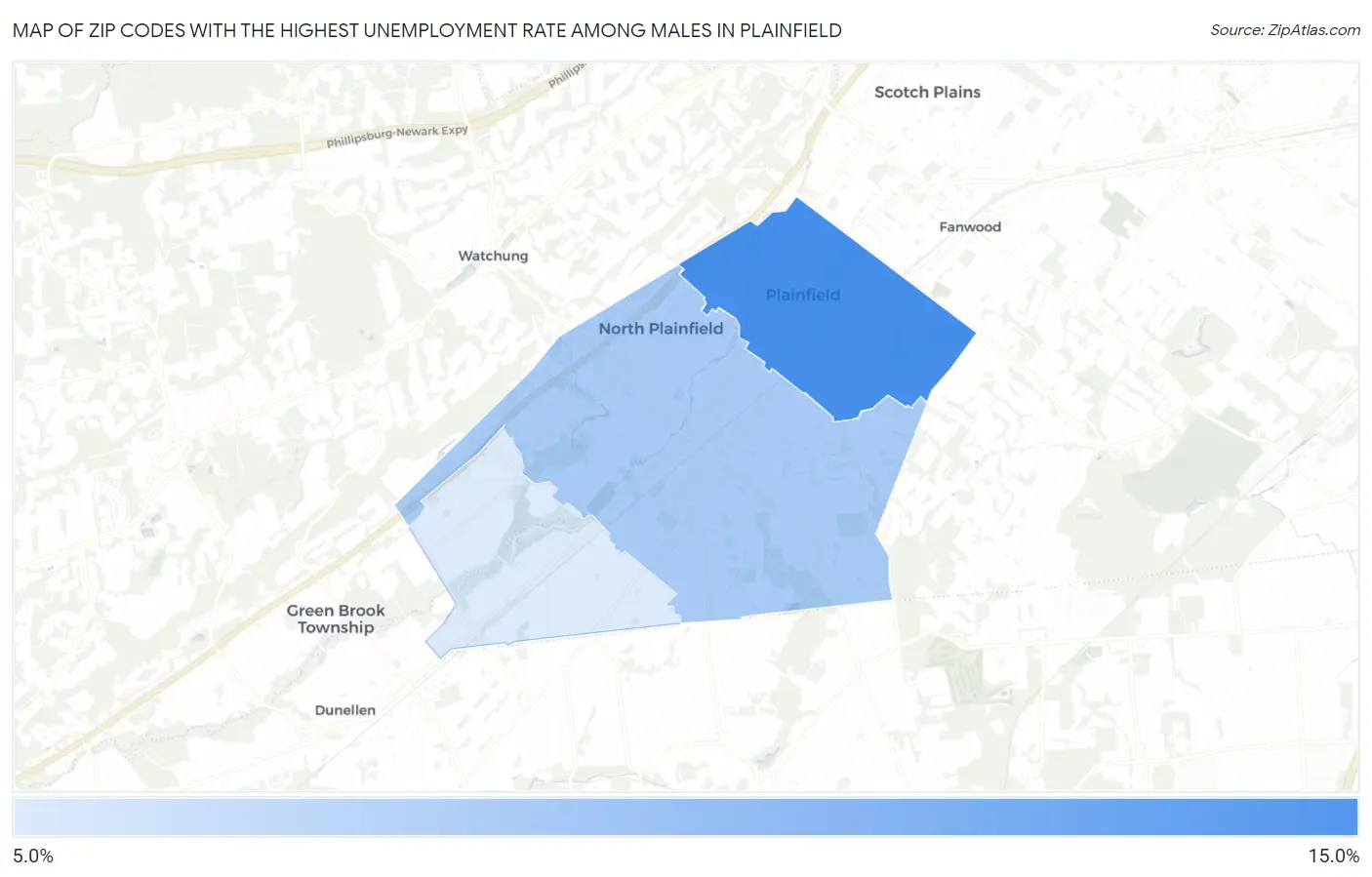 Zip Codes with the Highest Unemployment Rate Among Males in Plainfield Map