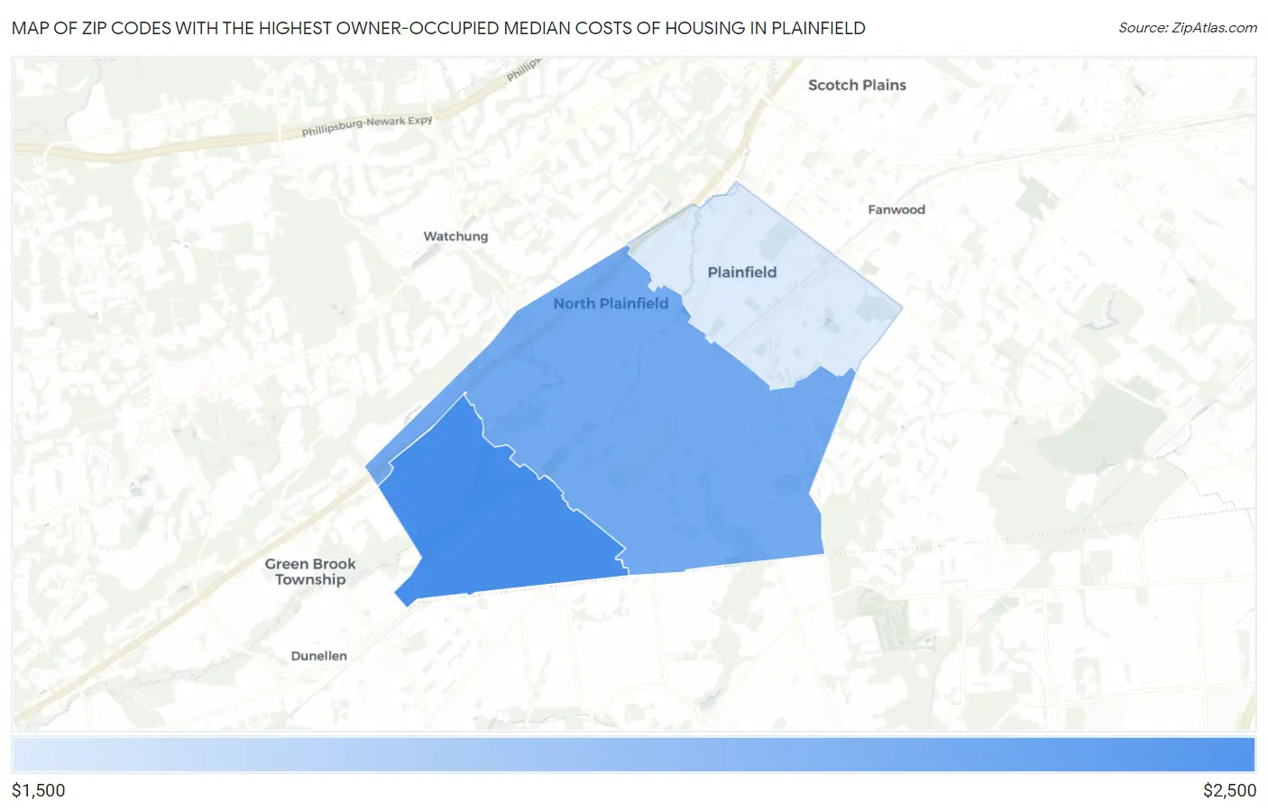 Zip Codes with the Highest Owner-Occupied Median Costs of Housing in Plainfield Map