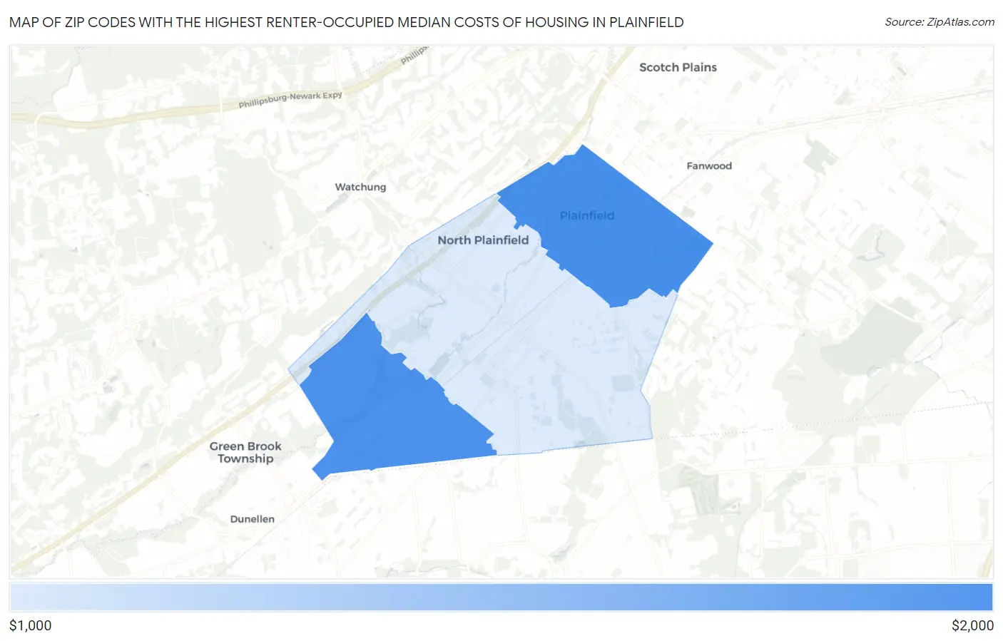 Zip Codes with the Highest Renter-Occupied Median Costs of Housing in Plainfield Map