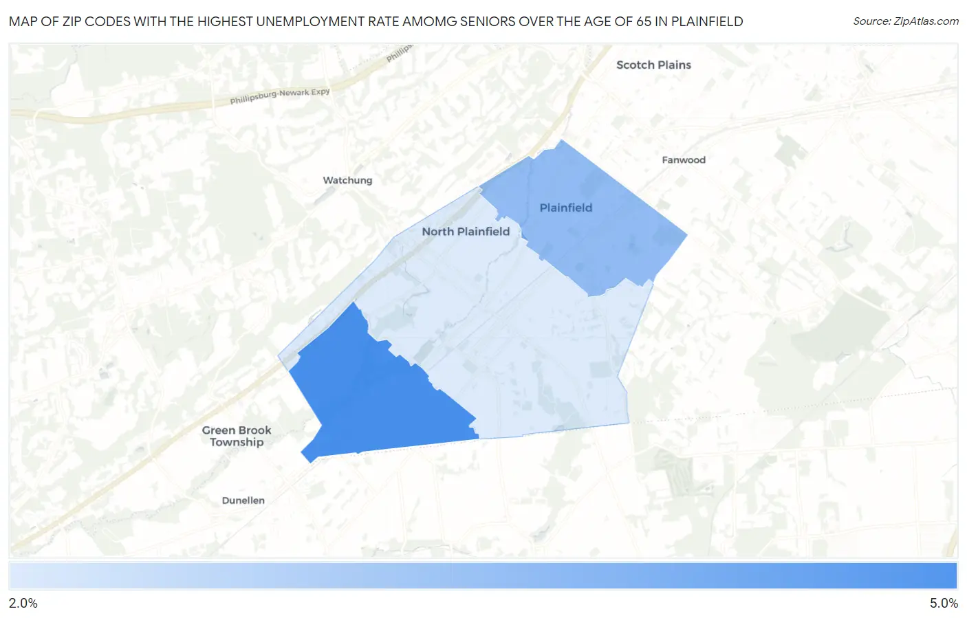 Zip Codes with the Highest Unemployment Rate Amomg Seniors Over the Age of 65 in Plainfield Map