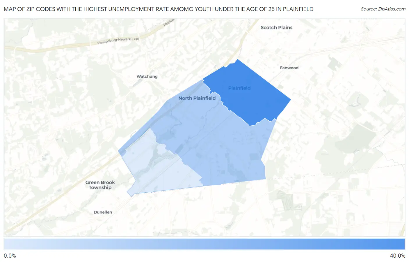 Zip Codes with the Highest Unemployment Rate Amomg Youth Under the Age of 25 in Plainfield Map
