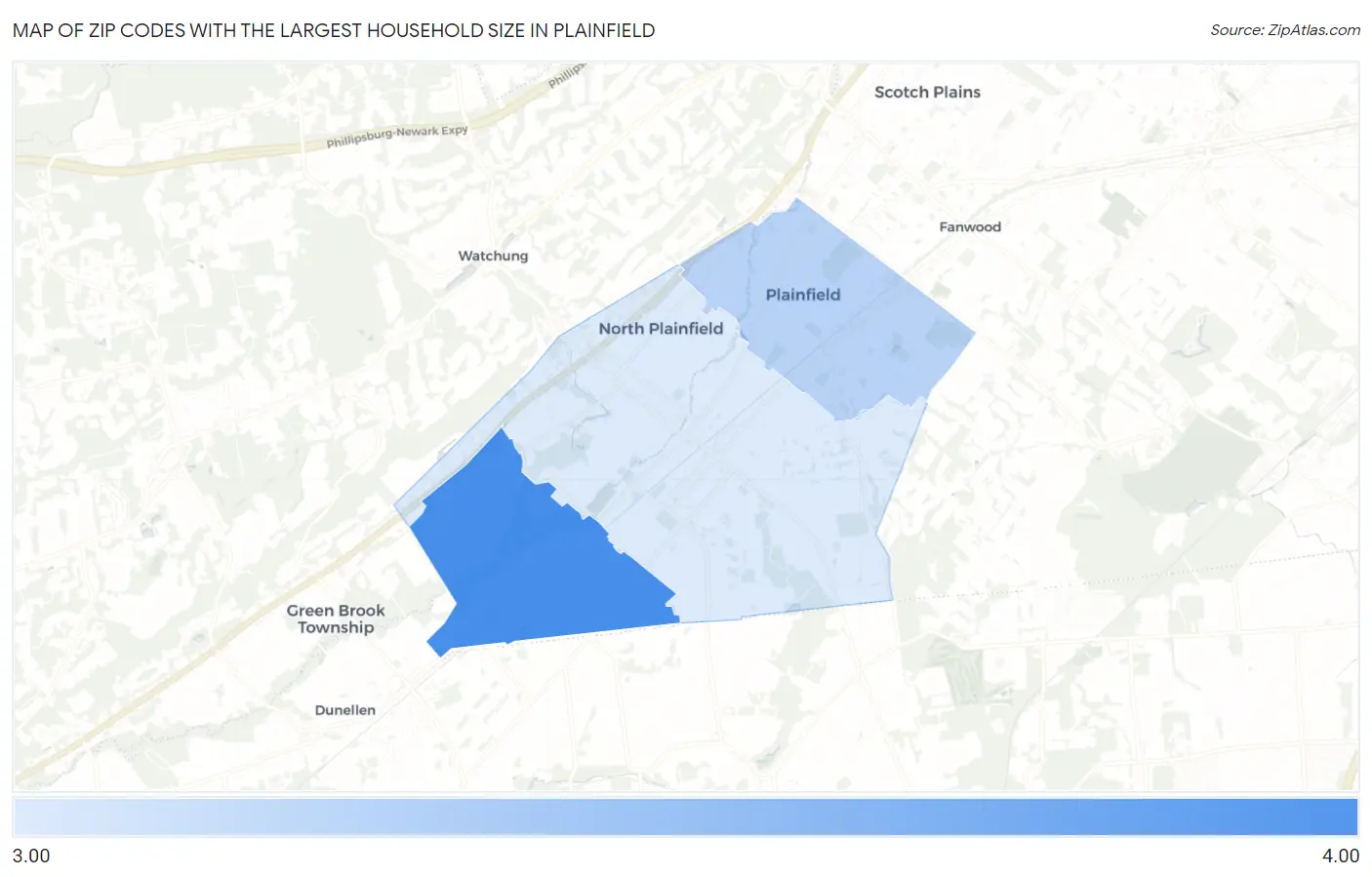 Zip Codes with the Largest Household Size in Plainfield Map