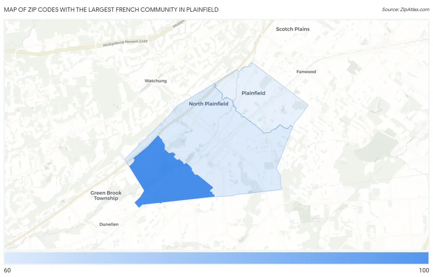 Zip Codes with the Largest French Community in Plainfield Map