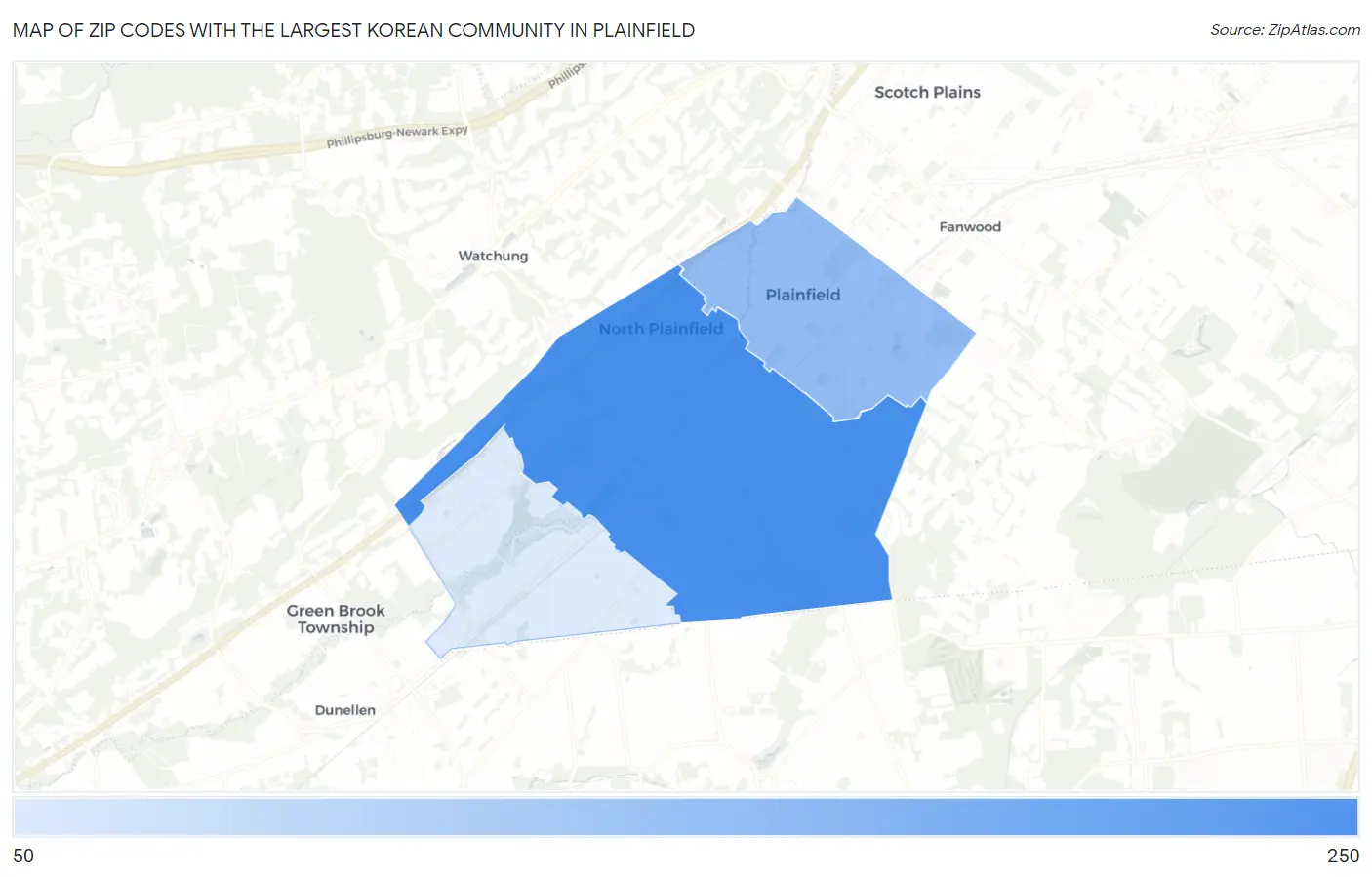 Zip Codes with the Largest Korean Community in Plainfield Map