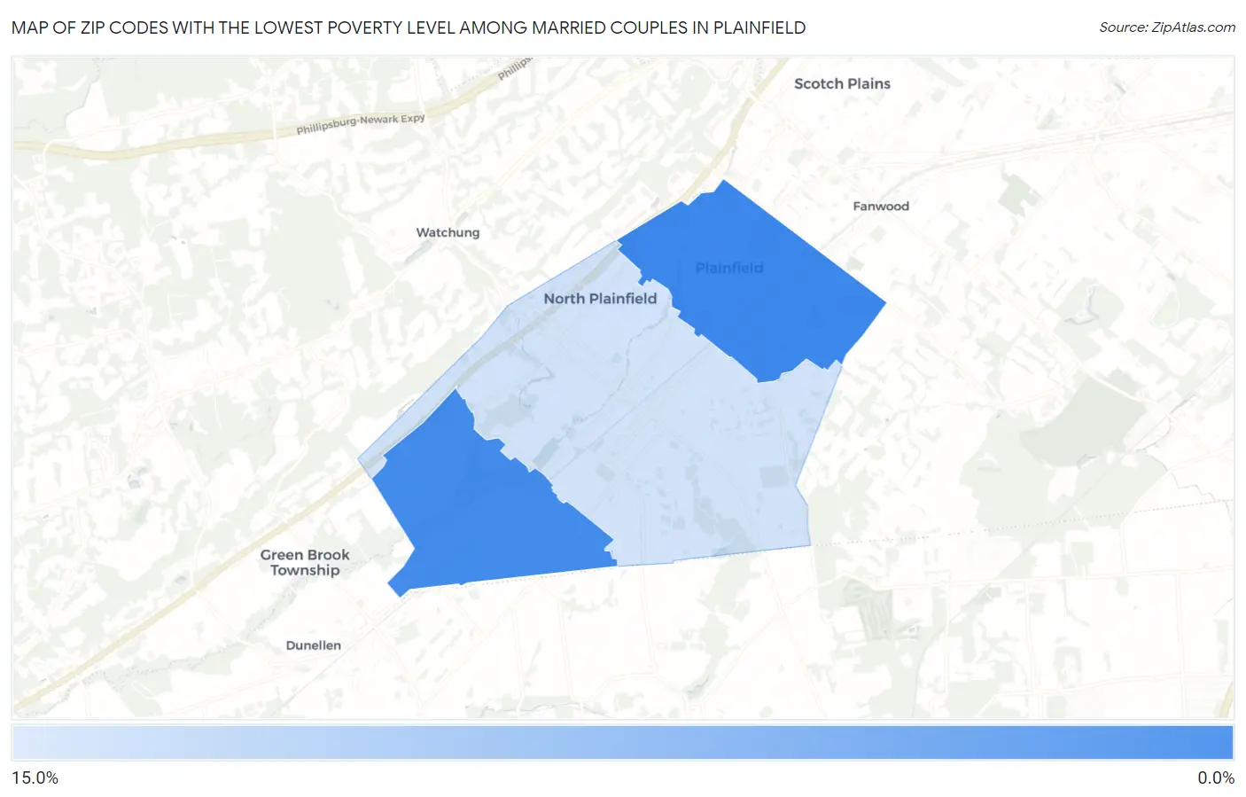 Zip Codes with the Lowest Poverty Level Among Married Couples in Plainfield Map