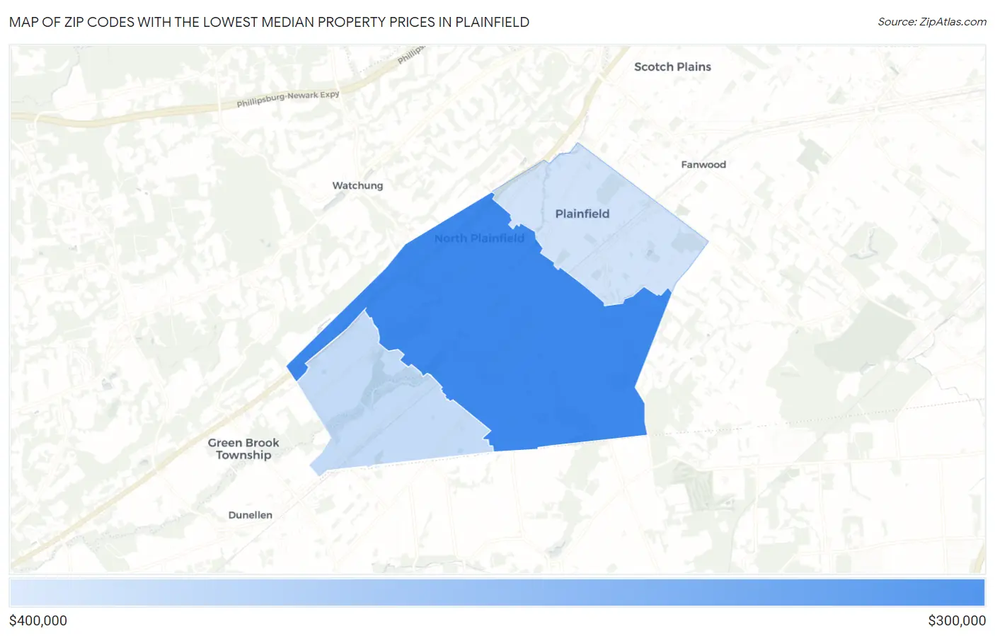 Zip Codes with the Lowest Median Property Prices in Plainfield Map