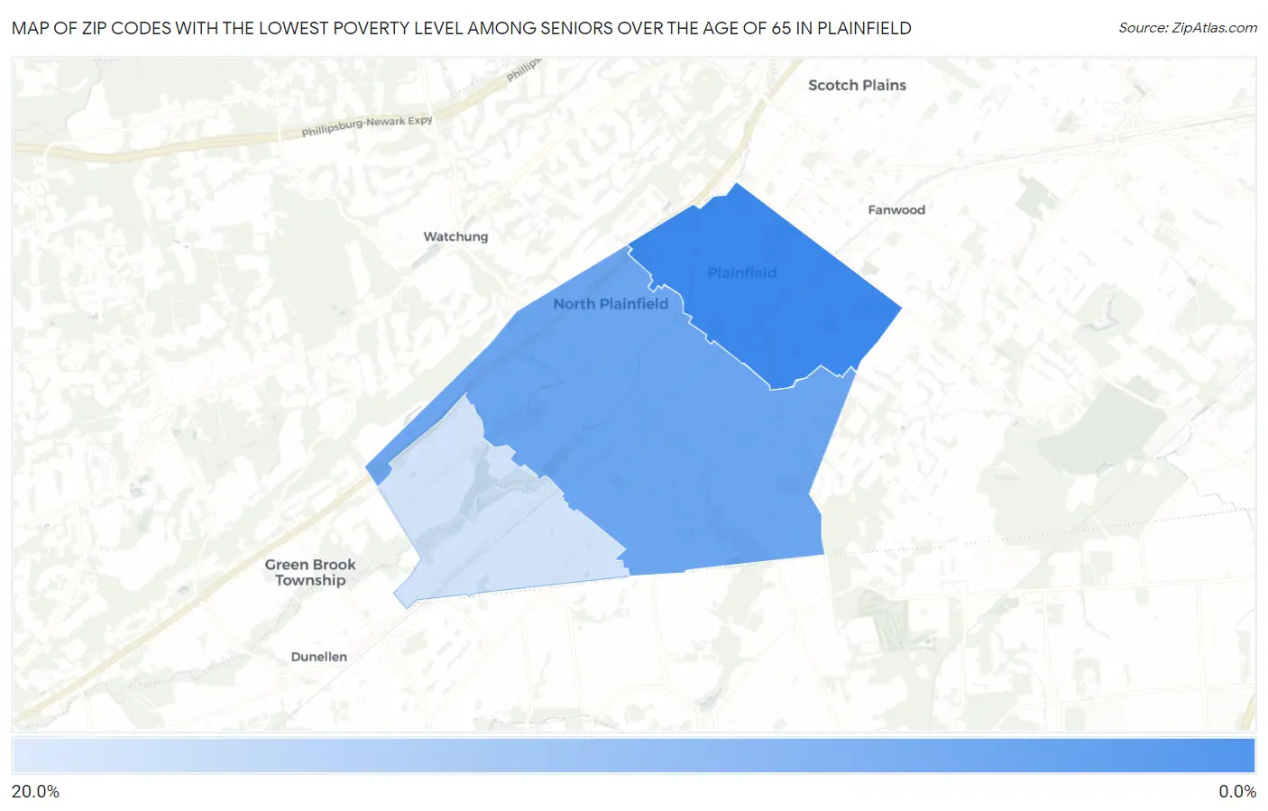 Zip Codes with the Lowest Poverty Level Among Seniors Over the Age of 65 in Plainfield Map