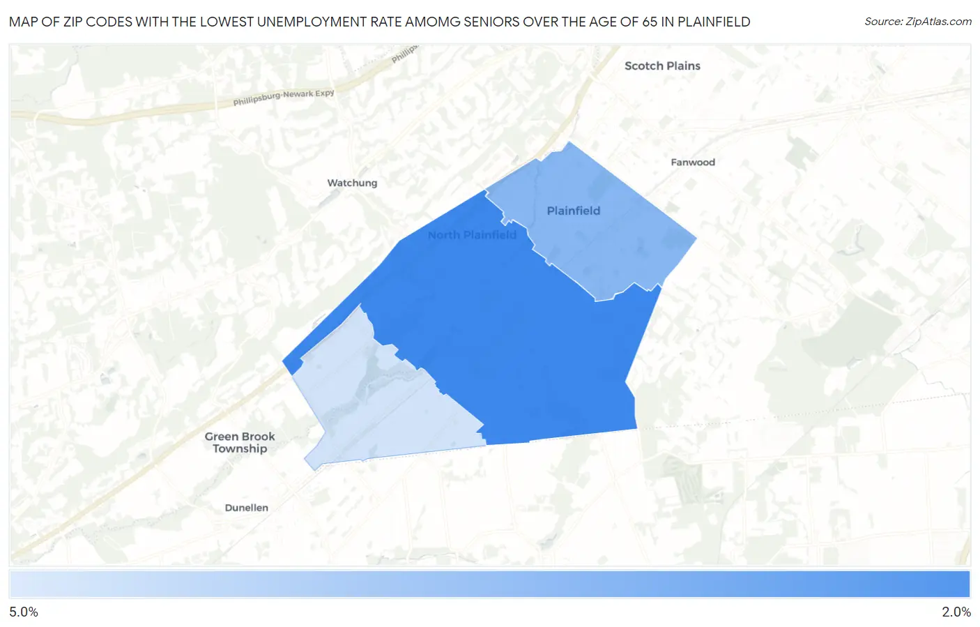 Zip Codes with the Lowest Unemployment Rate Amomg Seniors Over the Age of 65 in Plainfield Map