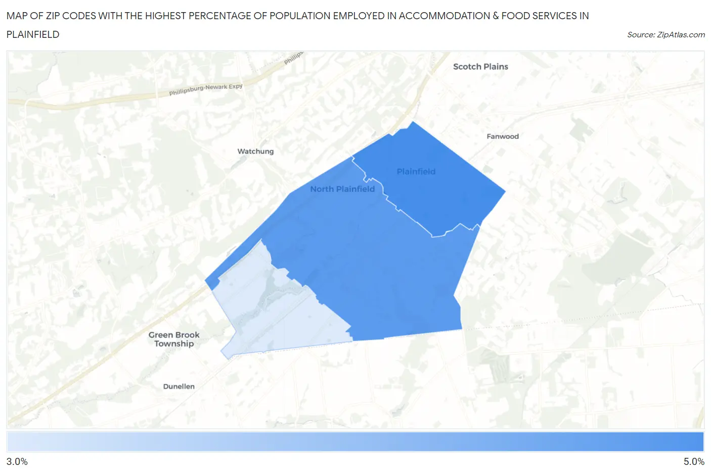 Zip Codes with the Highest Percentage of Population Employed in Accommodation & Food Services in Plainfield Map