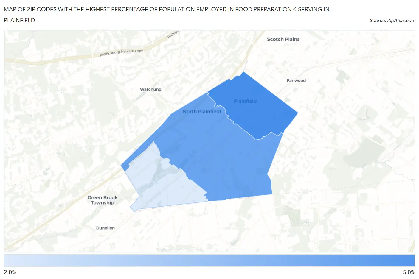 Zip Codes with the Highest Percentage of Population Employed in Food Preparation & Serving in Plainfield Map