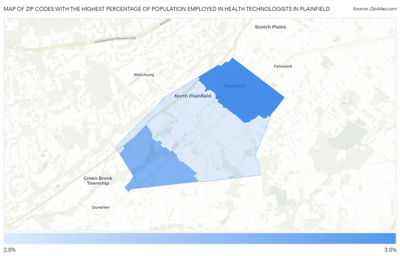 Zip Codes with the Highest Percentage of Population Employed in Health Technologists in Plainfield Map