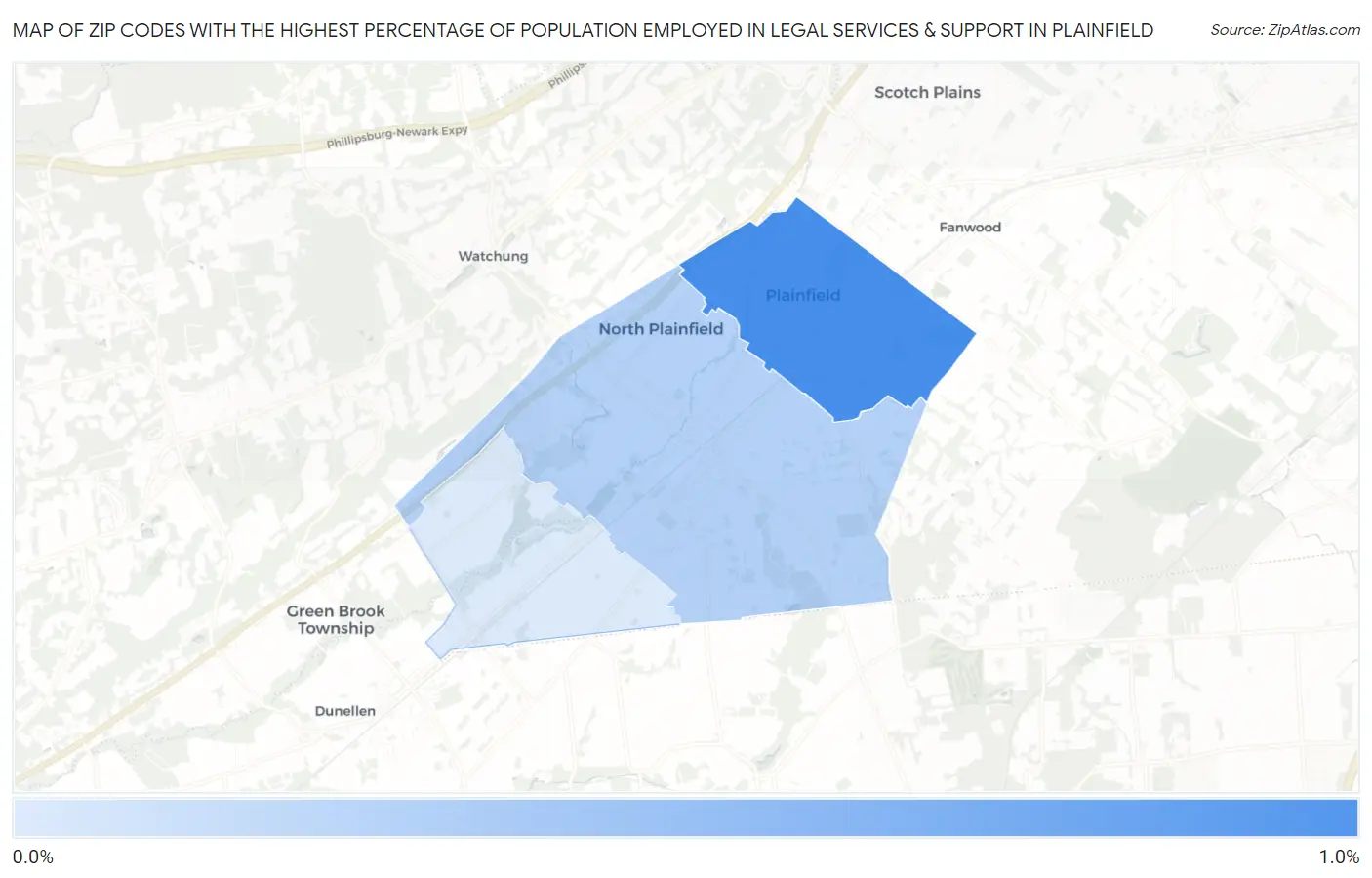 Zip Codes with the Highest Percentage of Population Employed in Legal Services & Support in Plainfield Map