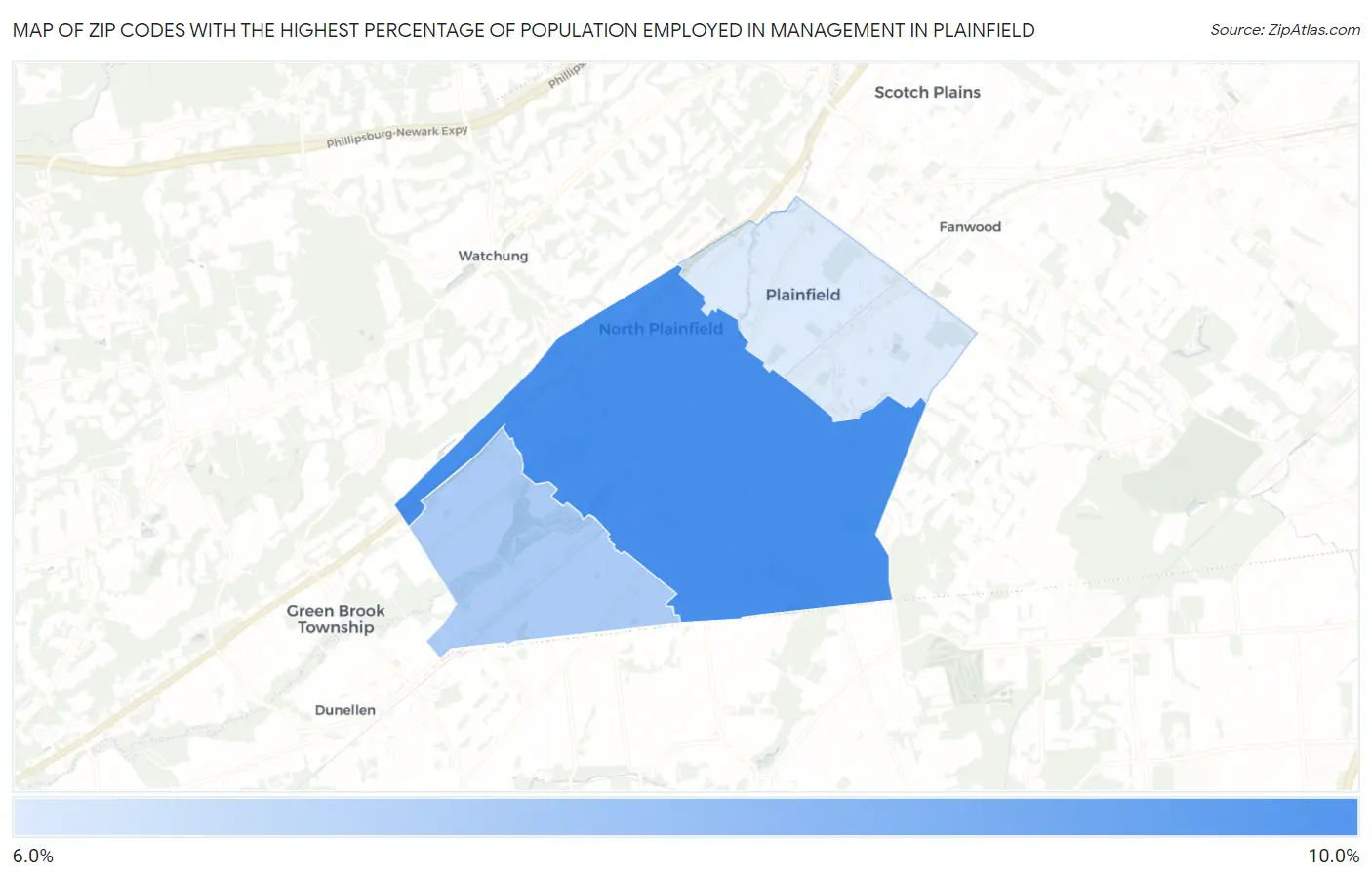 Zip Codes with the Highest Percentage of Population Employed in Management in Plainfield Map