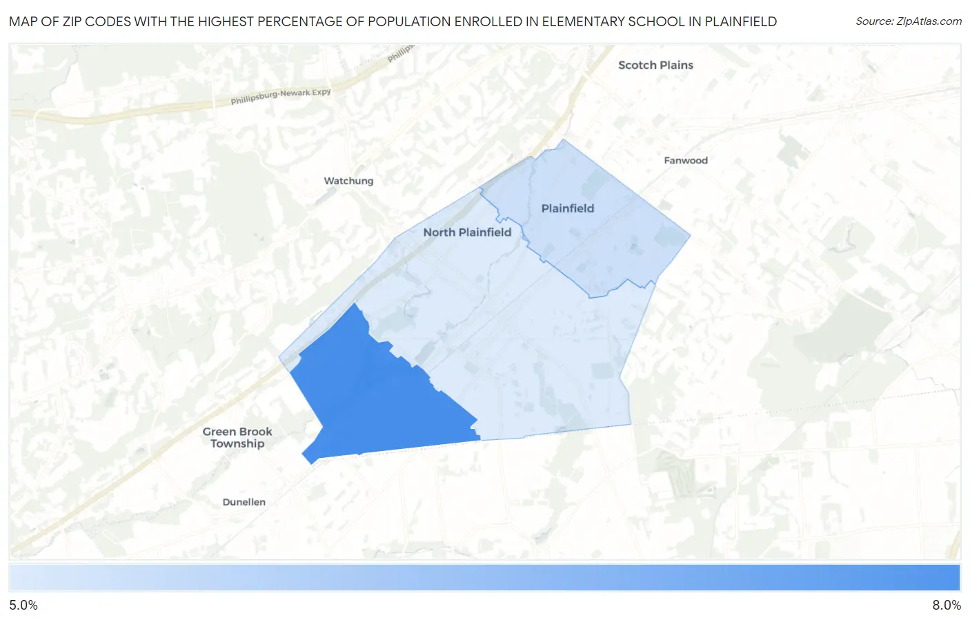 Zip Codes with the Highest Percentage of Population Enrolled in Elementary School in Plainfield Map