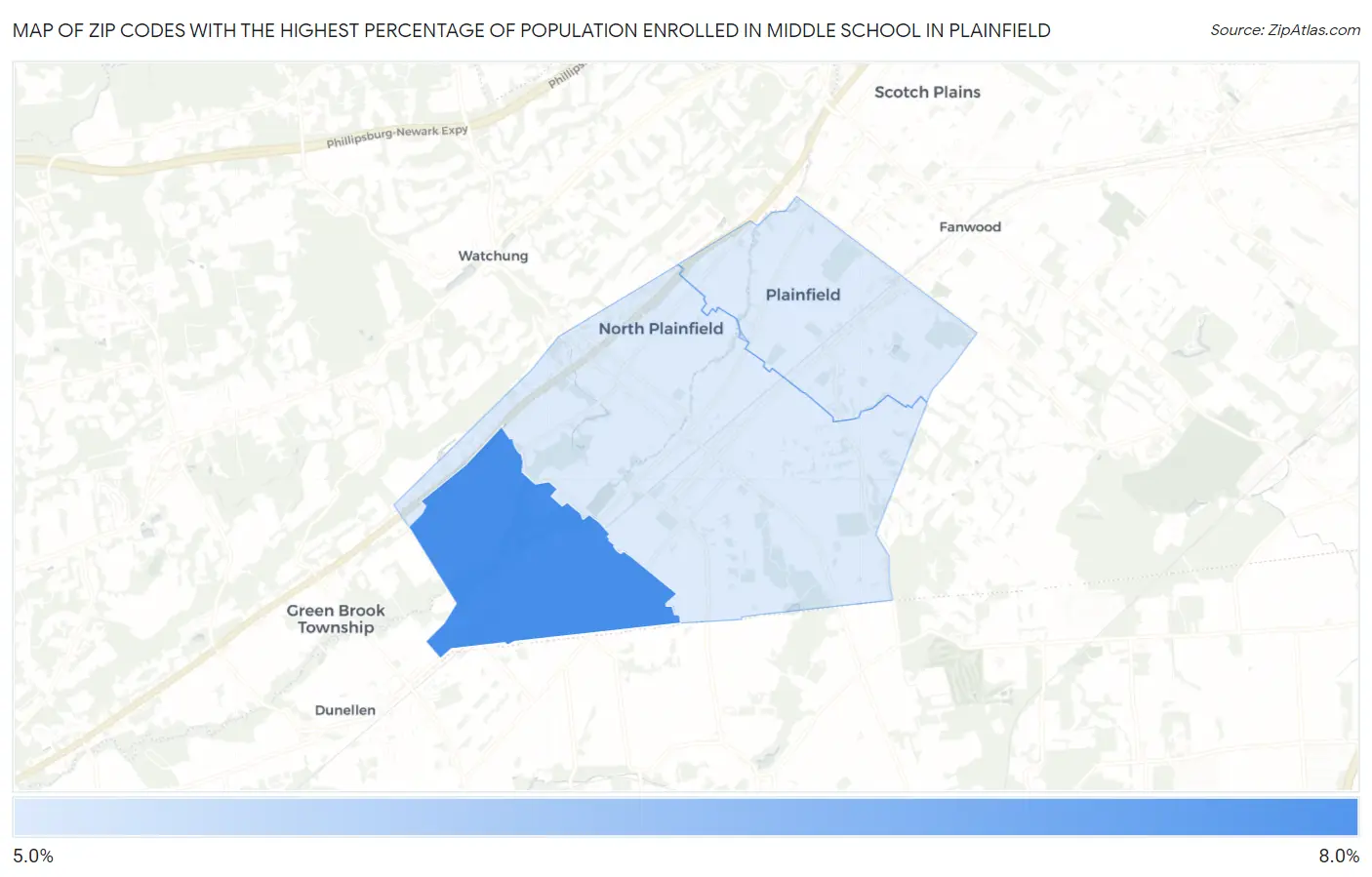 Zip Codes with the Highest Percentage of Population Enrolled in Middle School in Plainfield Map