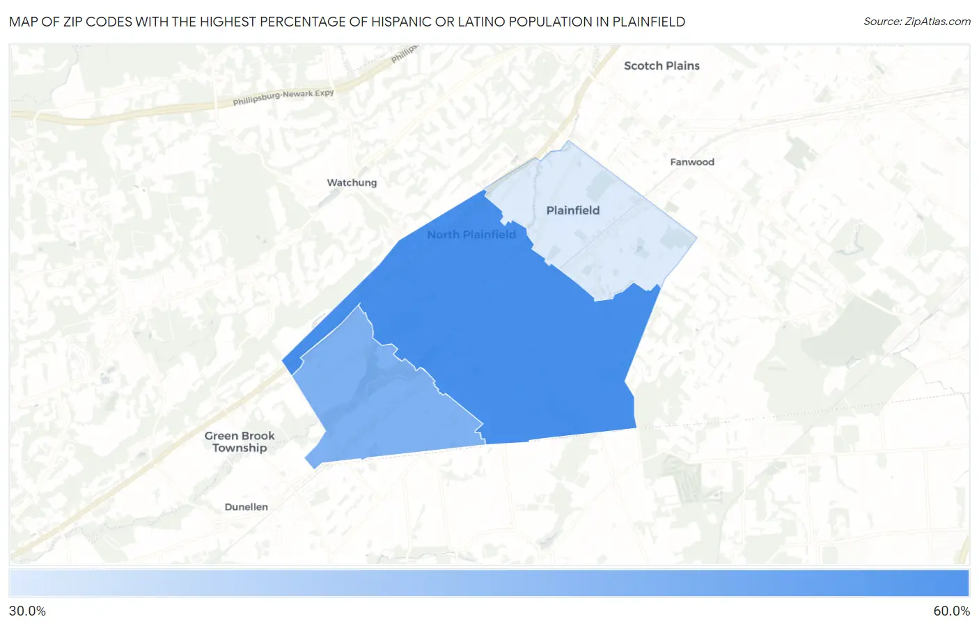 Zip Codes with the Highest Percentage of Hispanic or Latino Population in Plainfield Map