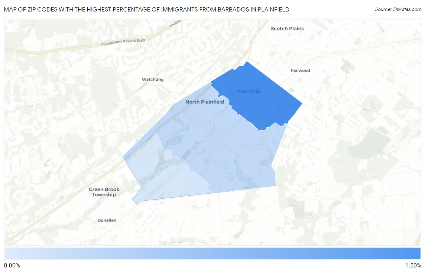 Zip Codes with the Highest Percentage of Immigrants from Barbados in Plainfield Map