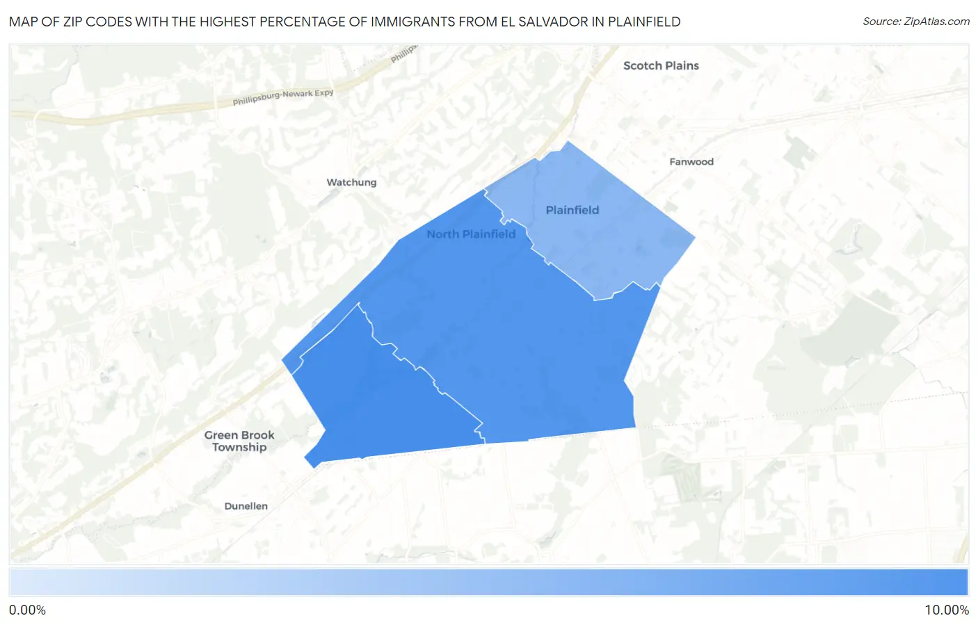 Zip Codes with the Highest Percentage of Immigrants from El Salvador in Plainfield Map