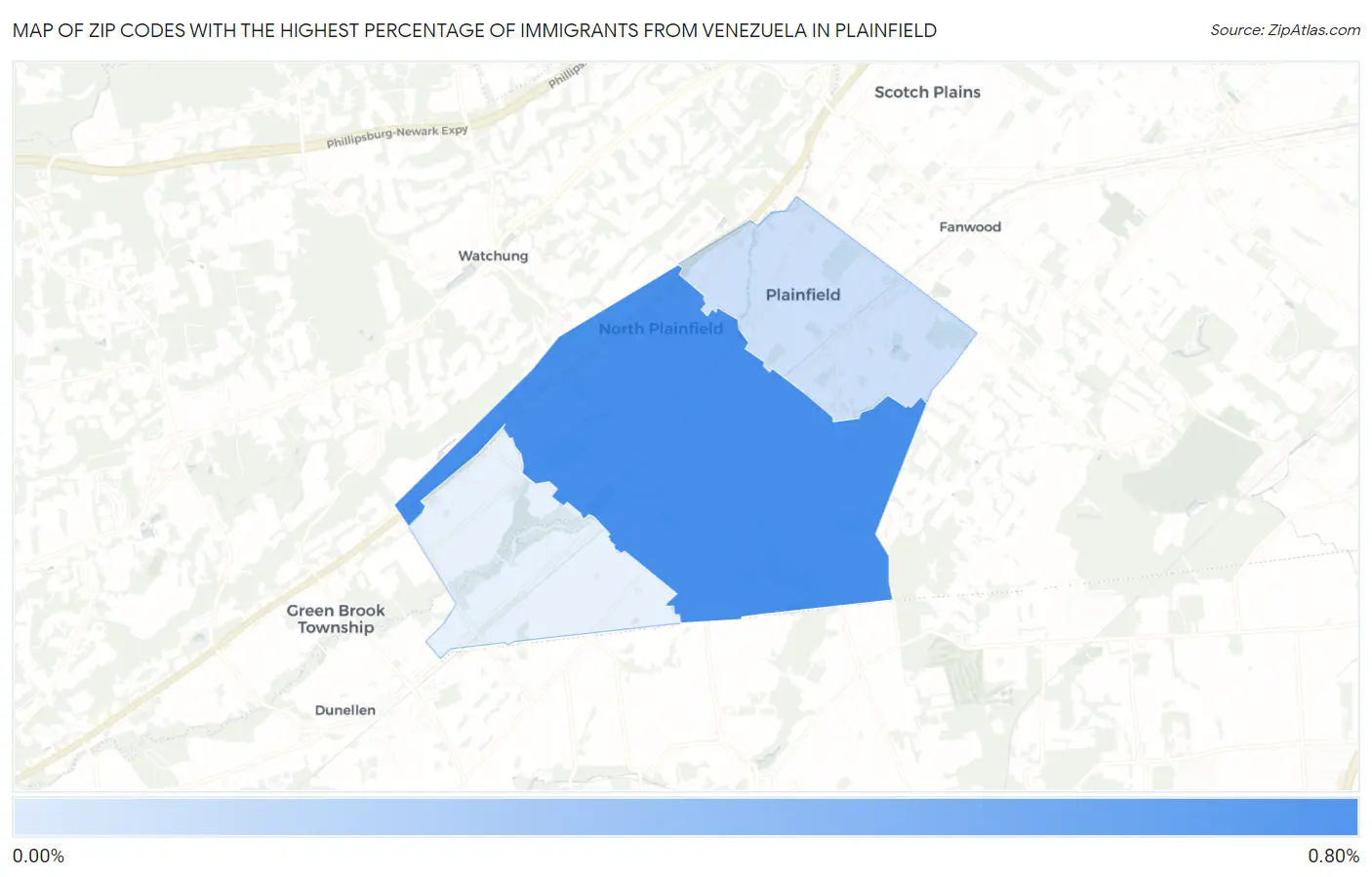Zip Codes with the Highest Percentage of Immigrants from Venezuela in Plainfield Map