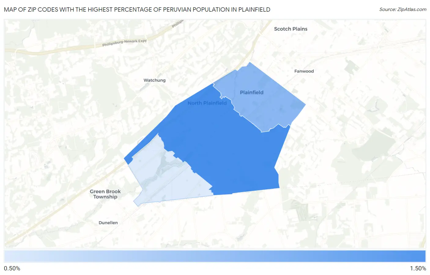 Zip Codes with the Highest Percentage of Peruvian Population in Plainfield Map