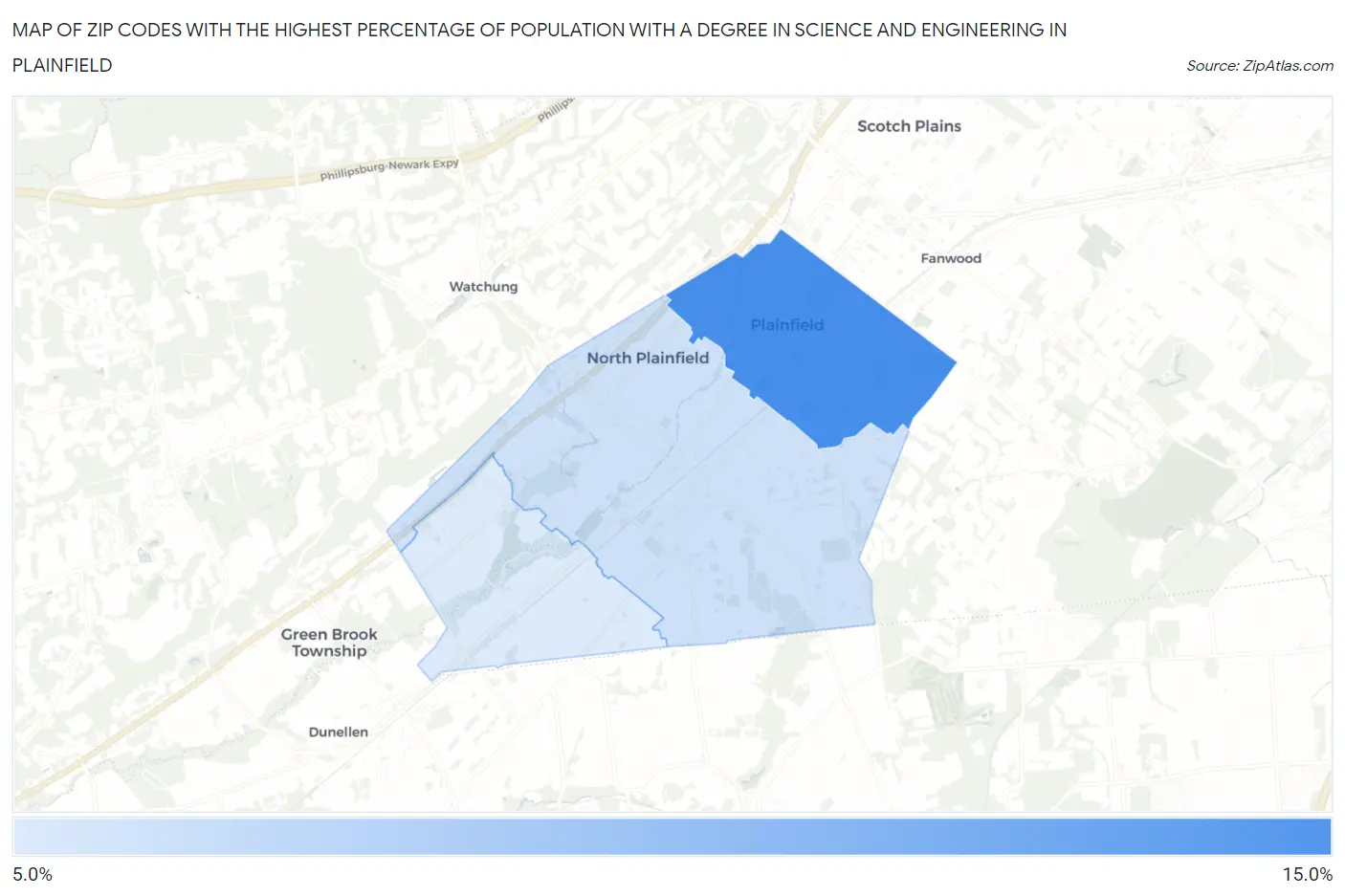 Zip Codes with the Highest Percentage of Population with a Degree in Science and Engineering in Plainfield Map