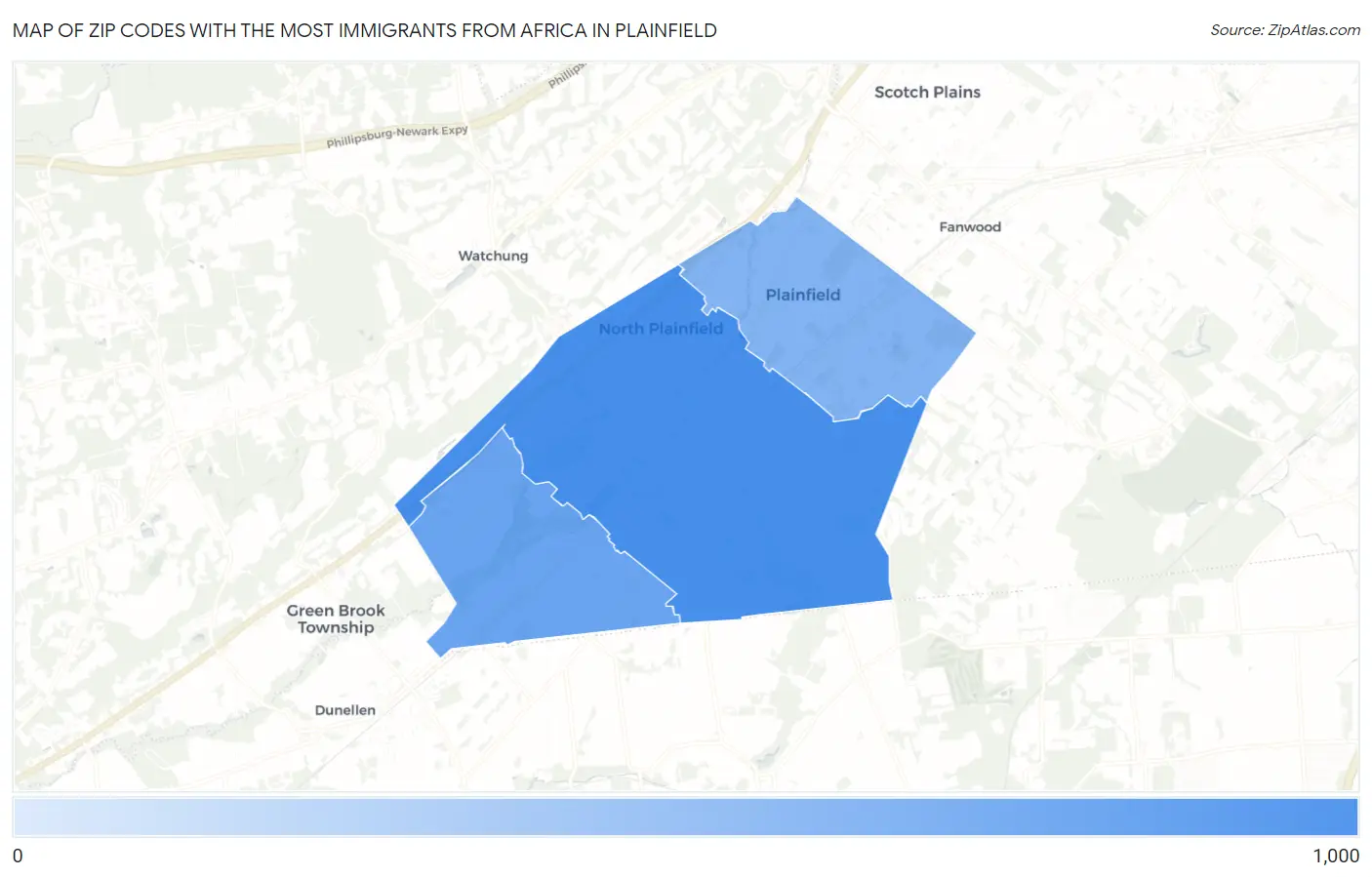 Zip Codes with the Most Immigrants from Africa in Plainfield Map