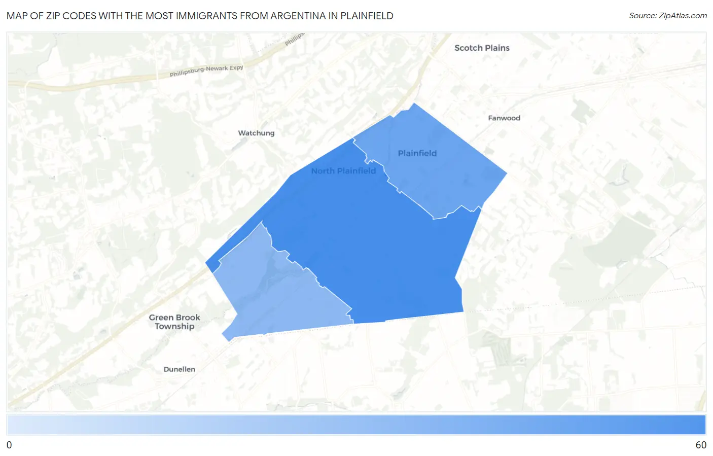 Zip Codes with the Most Immigrants from Argentina in Plainfield Map