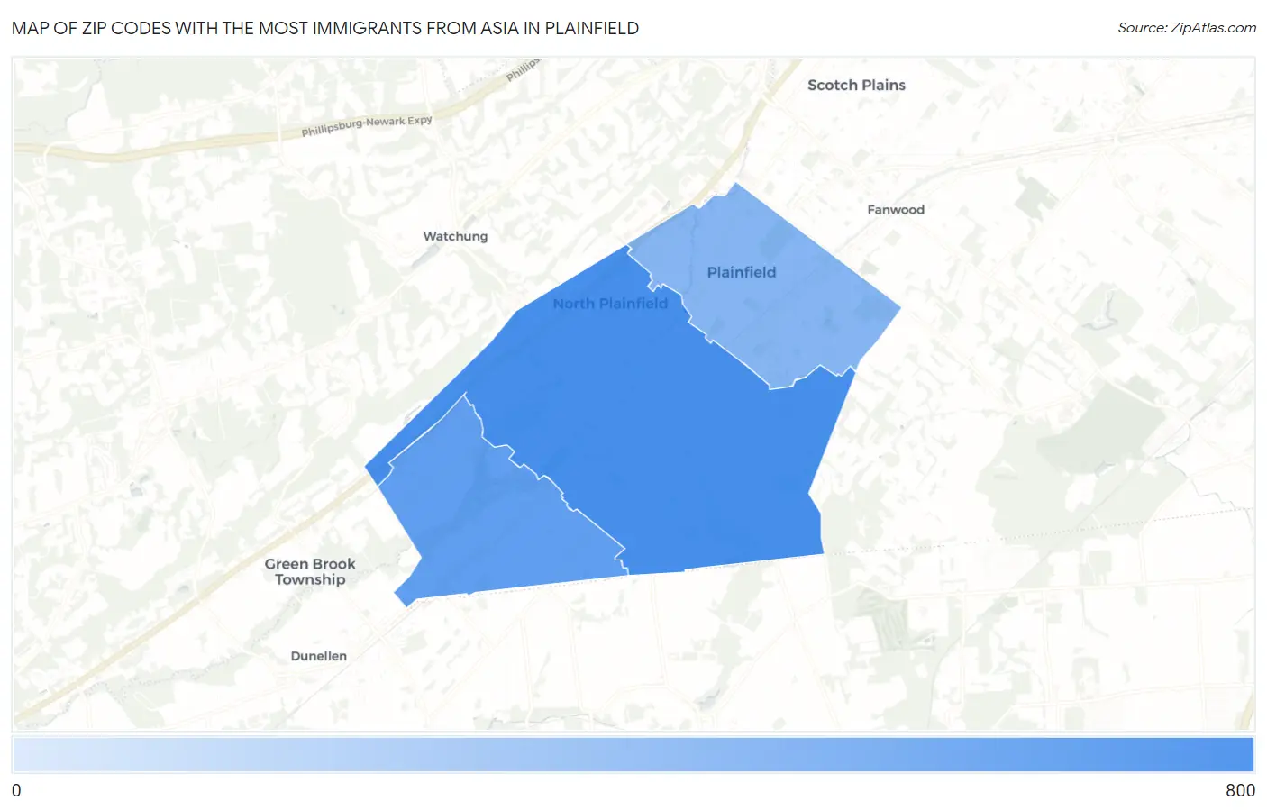 Zip Codes with the Most Immigrants from Asia in Plainfield Map