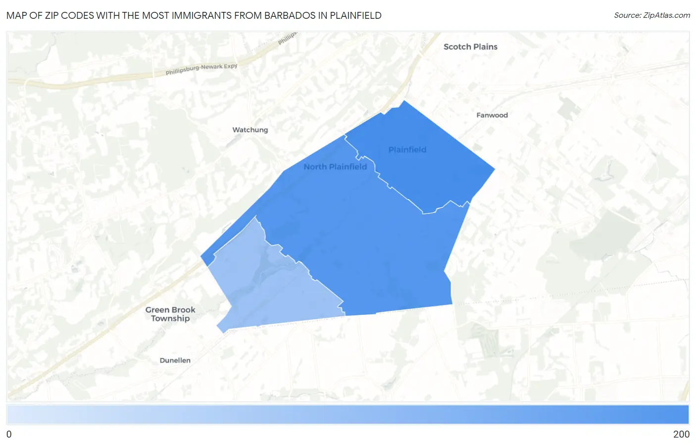 Zip Codes with the Most Immigrants from Barbados in Plainfield Map