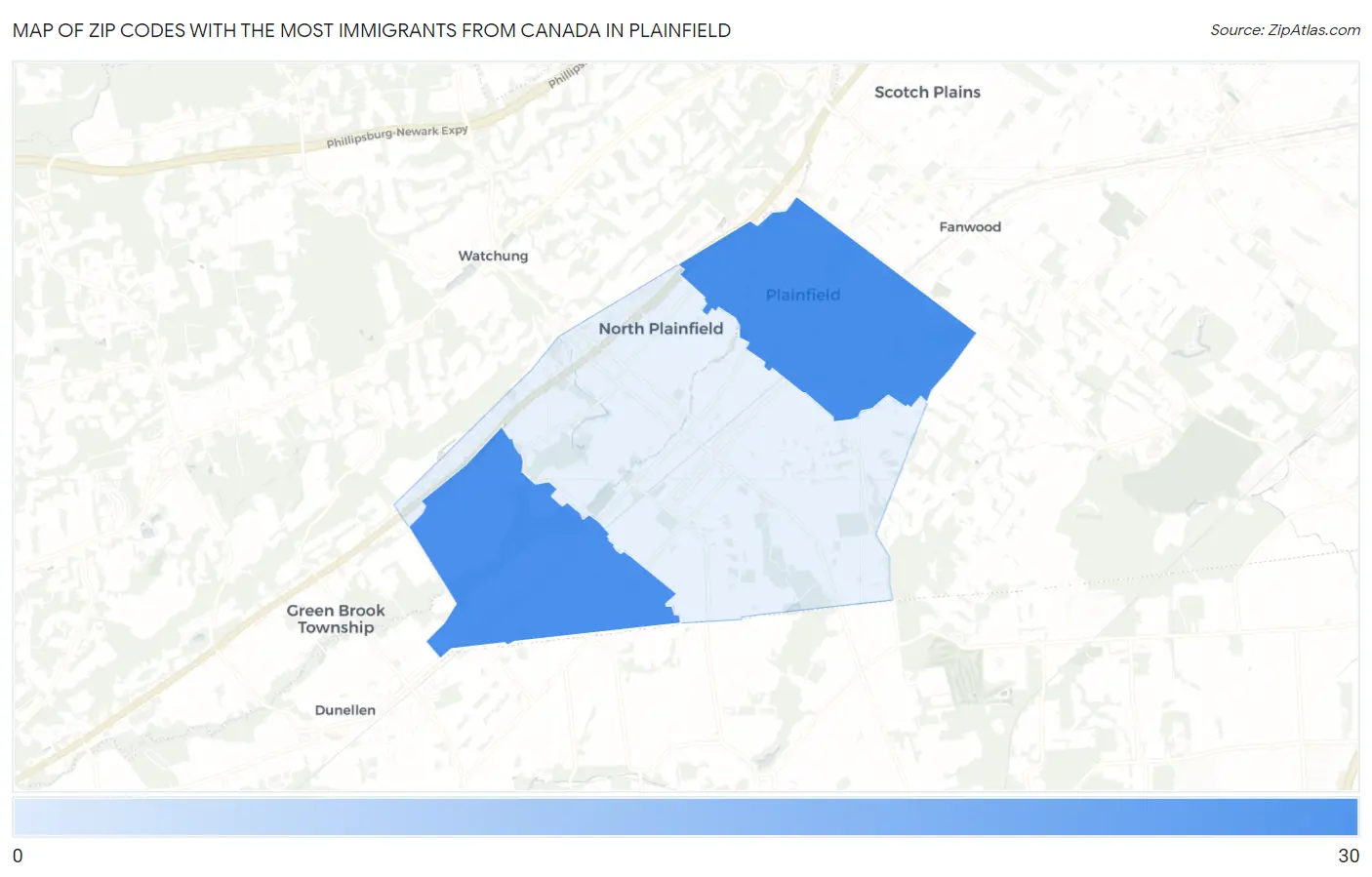 Zip Codes with the Most Immigrants from Canada in Plainfield Map
