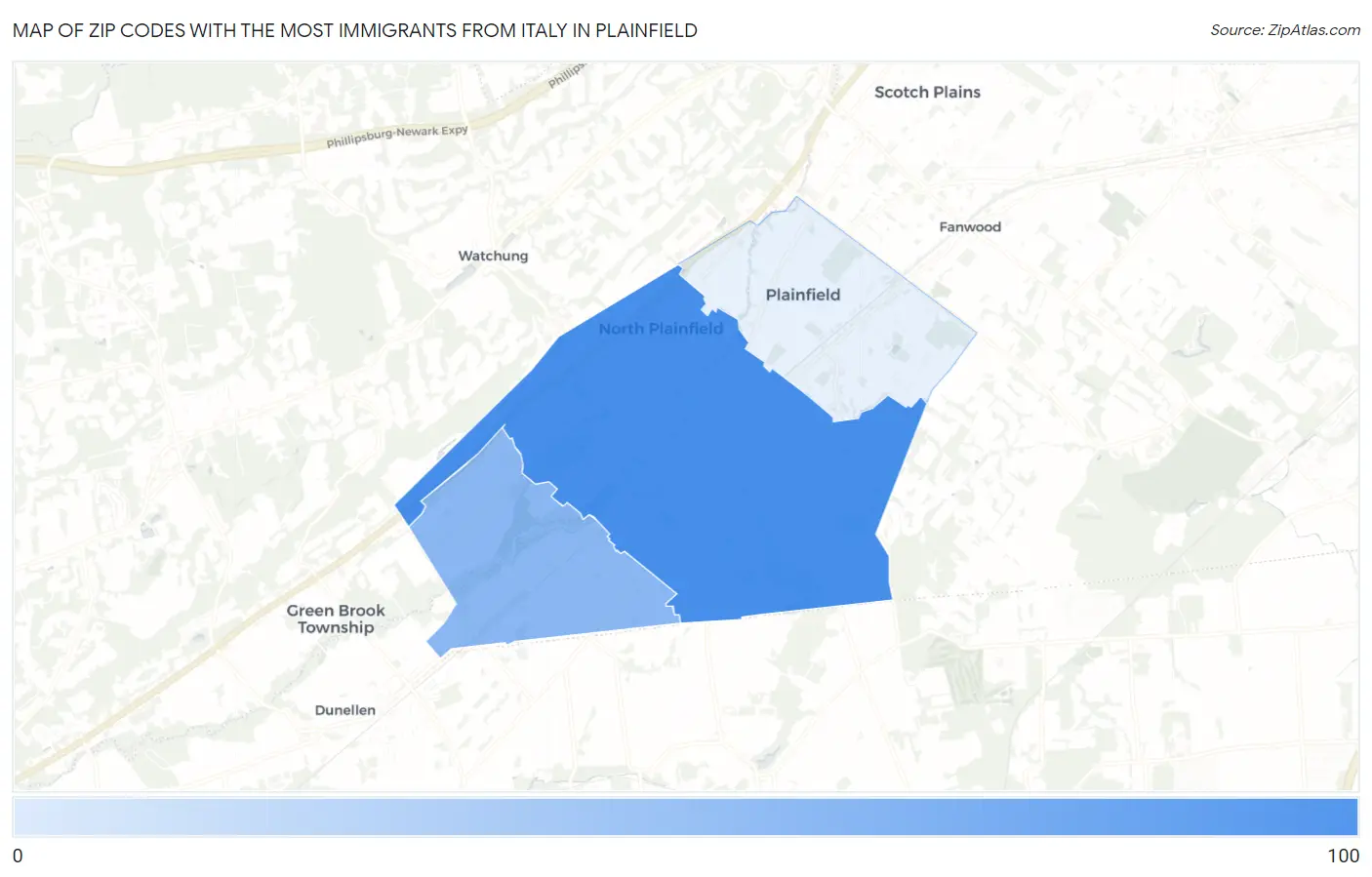 Zip Codes with the Most Immigrants from Italy in Plainfield Map